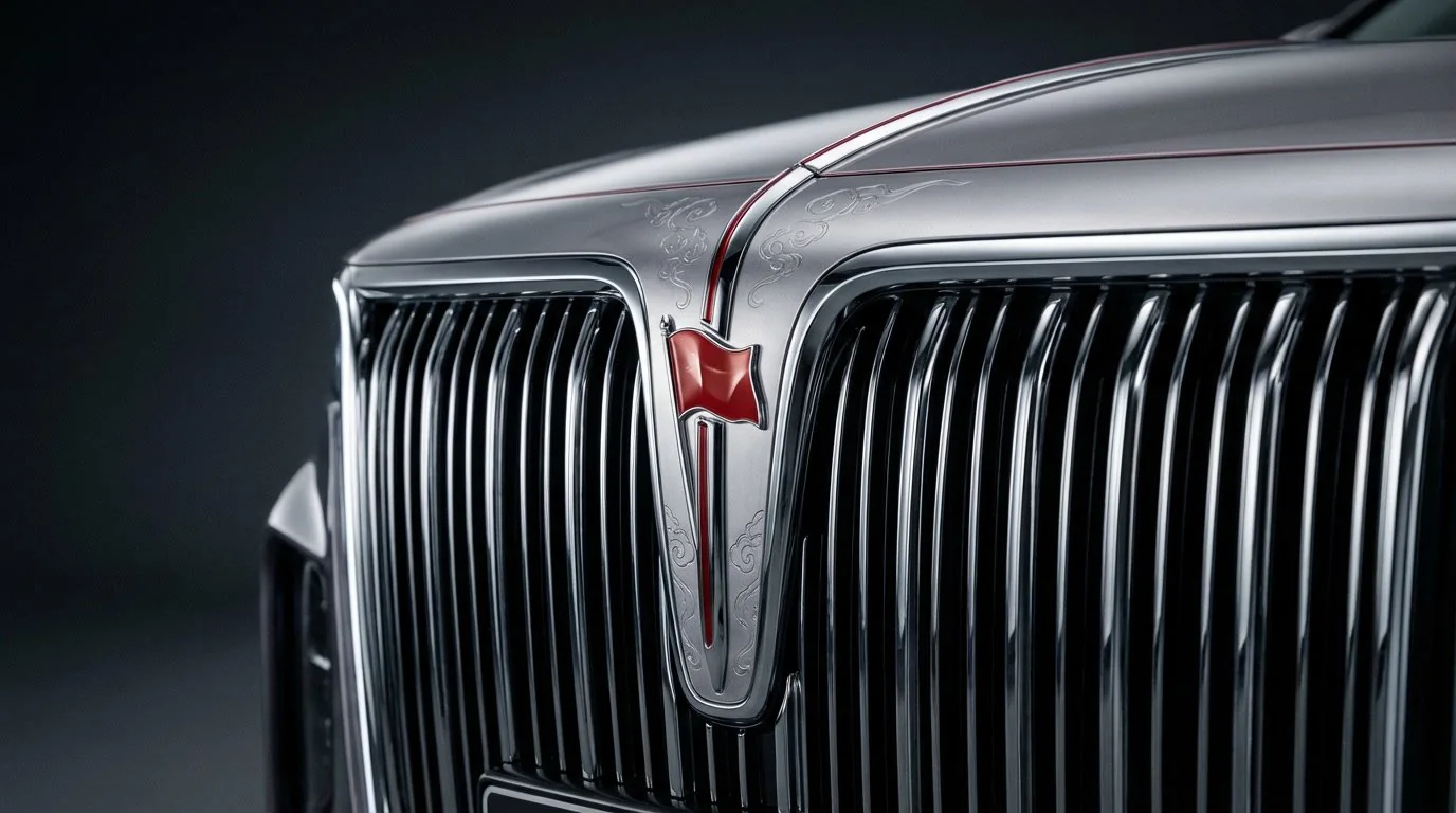 Hongqi grille and red flag emblem close-up