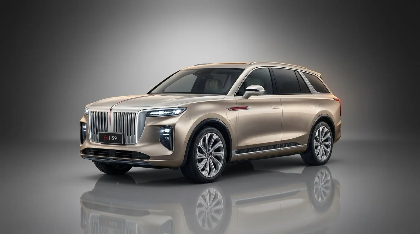 Hongqi E-HS9 champagne gold front three-quarter