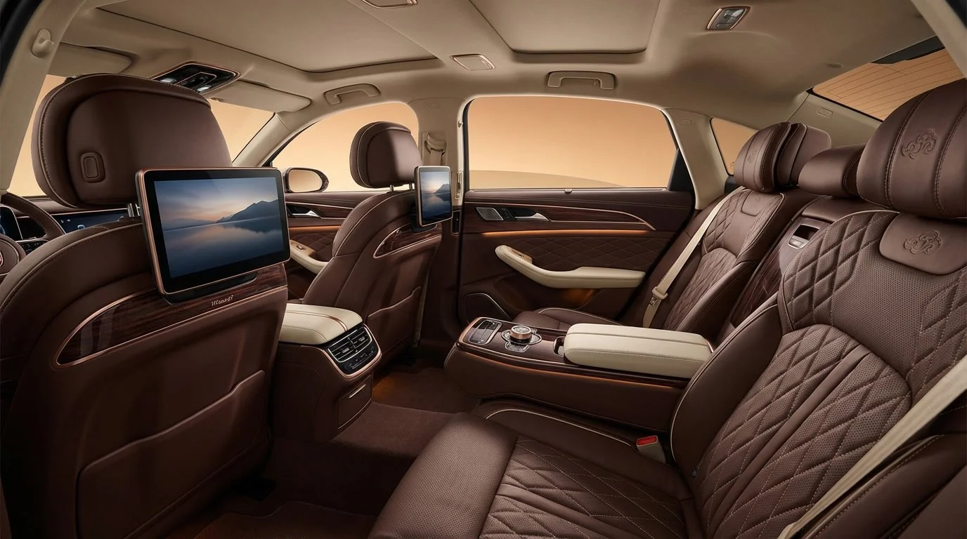 H9 rear cabin with chocolate quilted leather